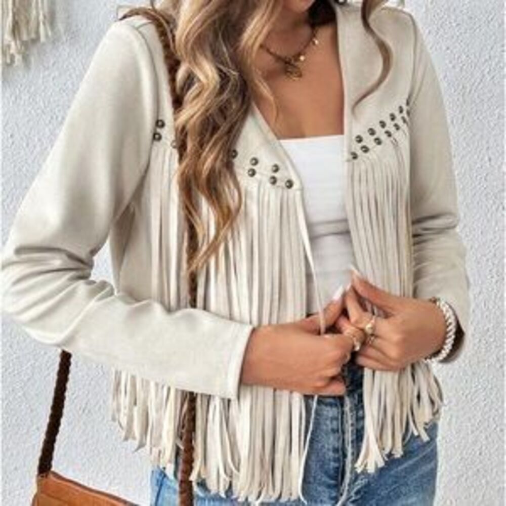 Cream Fringe Jacket suede boho studded - Picture 2 of 3